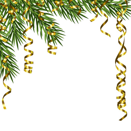 Yellow ribbons and fir tree branches on white background. Christmas vector illustration.のイラスト素材