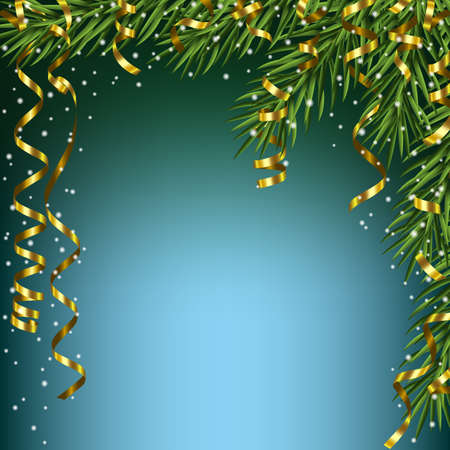 Yellow ribbons and fir tree branches on green background. Christmas vector illustrationのイラスト素材