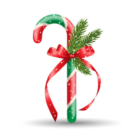 Sweet candy and fir tree branch on white background. Vector illustration.のイラスト素材