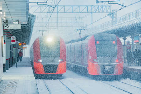 Highspeed trains stand by the platform at cold snowstorm.