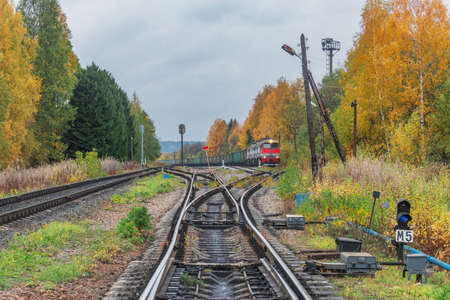 Old station railway lines at autumn day. Russia.の写真素材