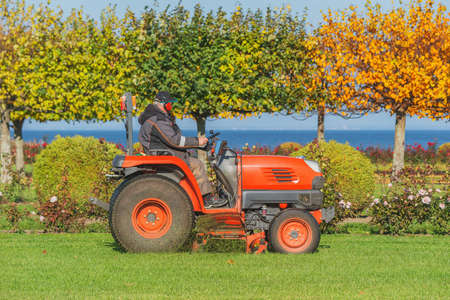 One man mows the grass in the city park at sunny day time.の写真素材