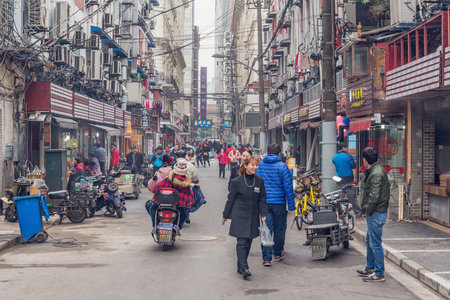 Shanghai, China - January 01, 2017: Street by the historical city center.のeditorial素材