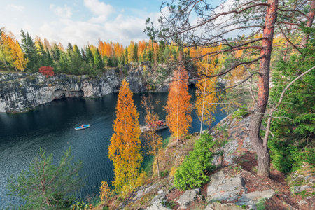 Lake in the deep marble canyon. Ruskeala Mountain Park. Republic of Karelia. Russia.の写真素材