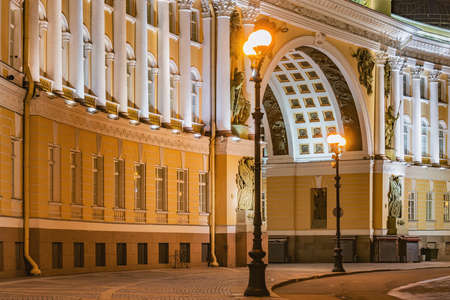 Arch of General Staff Building at night time. palace square. Saint-Petersburg. Russia.の写真素材