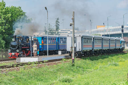 Steam train of Children's railway before departure from the station. Saint-Petersburg, Russia.