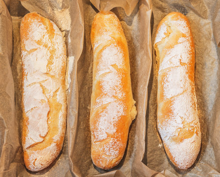 Three fresh loaves of bread.の写真素材