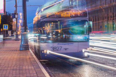 Moscow, Russia - August 16, 2015: Trolleybus moves on the evening city street.の写真素材