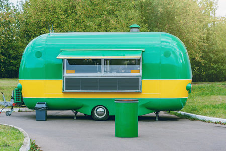 Trailer with hot dogs and cornflakes in the city park.の写真素材