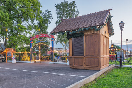 Sortavala, Russia - August 07, 2022: Square near the entrance to the platform of New Year steam train.のeditorial素材