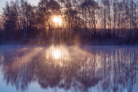 Fog above the lake at cold autumn morning.の写真素材