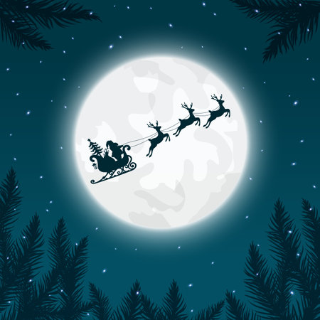 Santa Claus and gifts in sleigh with reindeer pulling the sleigh on the moon background. vector illustration.のイラスト素材