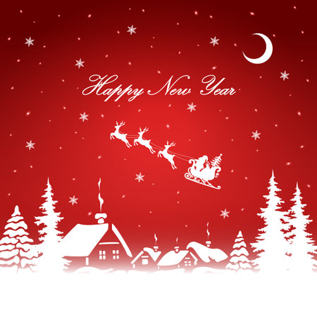 Santa Claus and gifts in sleigh with reindeer pulling the sleigh on rural background. vector illustration.のイラスト素材