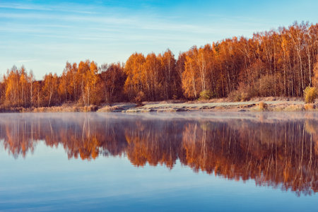 Fog above the lake at cold autumn morning.の写真素材