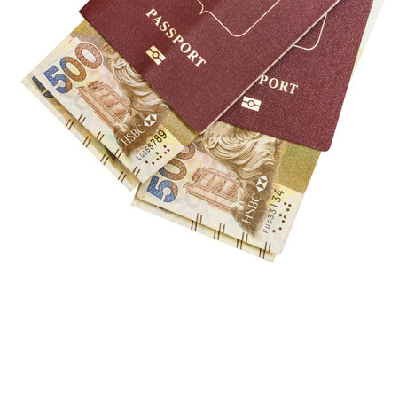 Hong Kong money bank notes and passports on white background.の写真素材