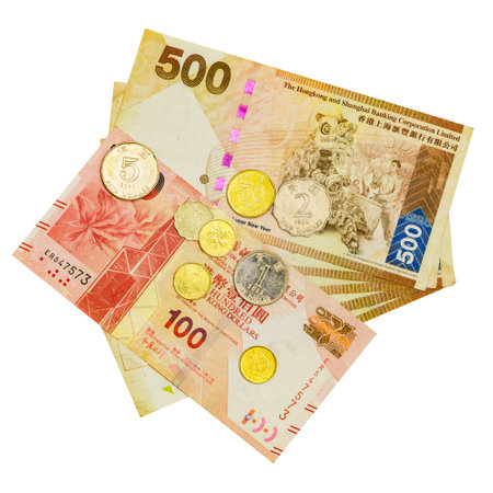 Different Hong Kong money bank notes and coins on white background.の写真素材