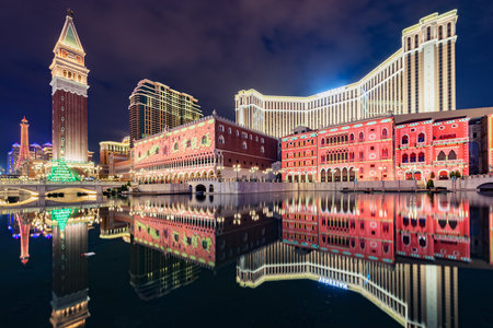 Macau - December 18, 2016: Exterior of Venetian Casino at night time.のeditorial素材