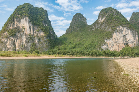 Karst hills by Li River near Xingping.の写真素材