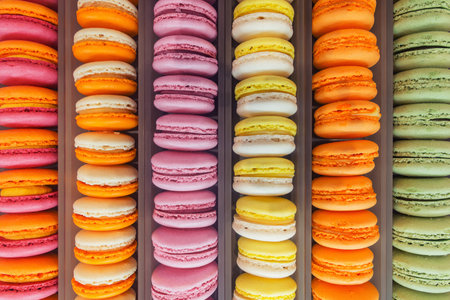 Colorful sweet cookies on the cafe showcase.の写真素材