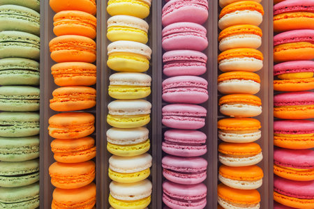 Colorful sweet cookies on the cafe showcase.の写真素材