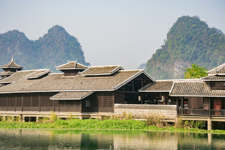 Wooden pagodas by the river.の写真素材