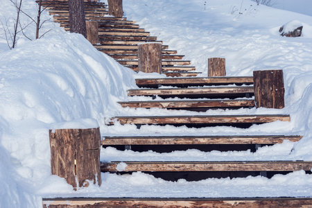 Wooden stairs to the mountain top.の写真素材
