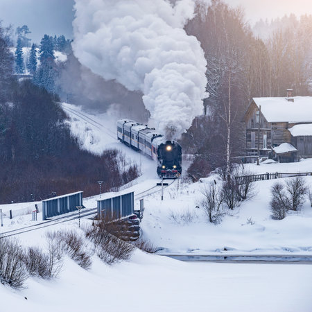 Retro steam train moves at winter morning time.の写真素材