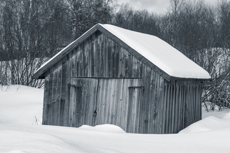 Old shed at winter morning,の写真素材