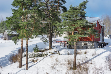 Private new house on the hill at winter day.の写真素材