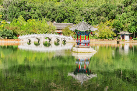 Black Dragon Pool in the city park. Lijiang. Yunnan province.の写真素材