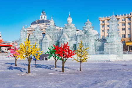 Ice sculptures on the city square. Manzhouli. China.のeditorial素材