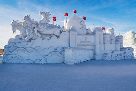 Manzhouli, China - January 10, 2017: Ice sculptures on the city square.
