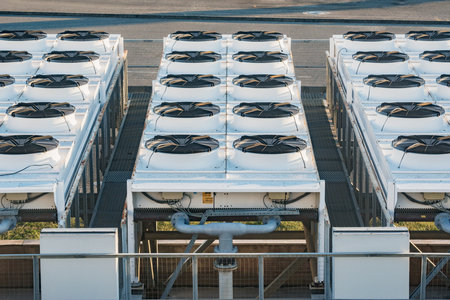 Air conditioning system assembled and installed on top of the building.の写真素材
