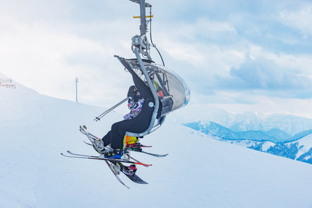 Cableway on the winter mountain ski resort.の写真素材