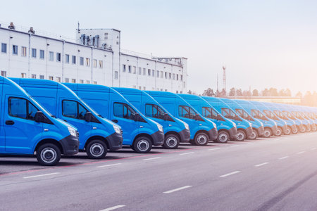 Freight trucks stand near the storage at evening time.