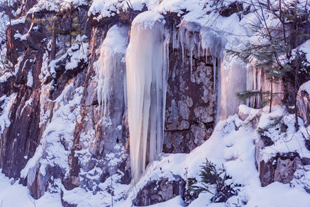 Mountain rock under the snow and ice at winter.の写真素材
