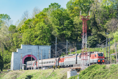 Passenger train moves from the tunnel. Sochi. Russia.の写真素材