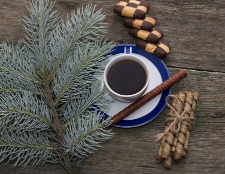 coniferous branch, coffee and cookies top view