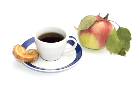 cup of coffee, one baking and apple, isolate, still life on a subject food and drinksの写真素材