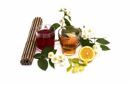 rug, two mugs drinks and flower branch, still life, isolate, subject flowers and drinksの写真素材