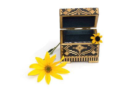 the open casket decorated with two yellow florets isolate, a still life, a subject fall
