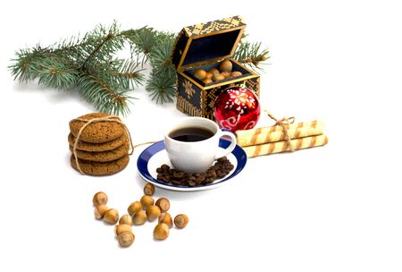 fir-tree branch, oat baking, forest nutlets, coffee and casket, isolate, winter, subject Christmas and New Yearの写真素材