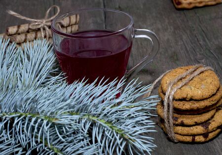 fir-tree branch, tea and oat baking, subject holidays Christmas and New Yearの写真素材