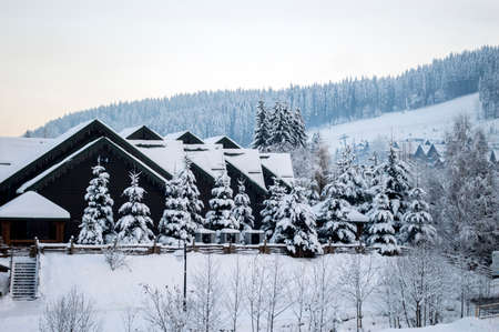 beautiful winter street Bukovel, the theme of mountain sports, skiing, Bukovel, Carpathian, mountains Ukraine, new year, Christmas, holidaysの写真素材