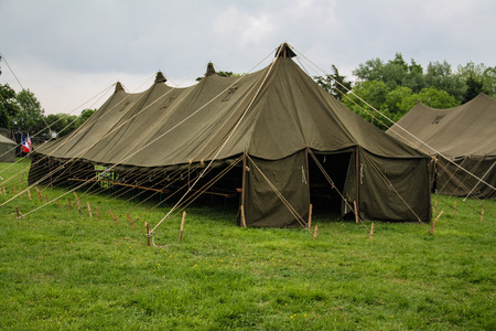 Normandy, France; 4 June 2014: View of recreation camp in Normandy for the 70th anniversary with vehicles and tentsのeditorial素材