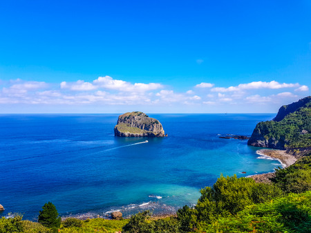 Hermitage of San Juan de Gaztelugatxe at the top of the island of Gaztelugatxe. Vizcaya, Basque Country (Spain). Top viewの写真素材