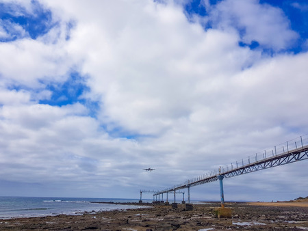 Arrecife airport on the island of Lanzarote, Canary Islands. Spain Image of the sea, beach and panel...