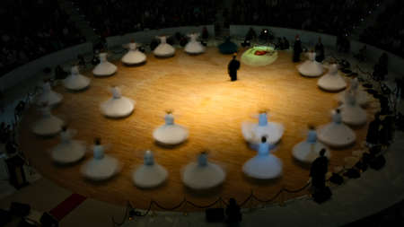 Circle of white chess pieces on the stage. 3D renderingの写真素材