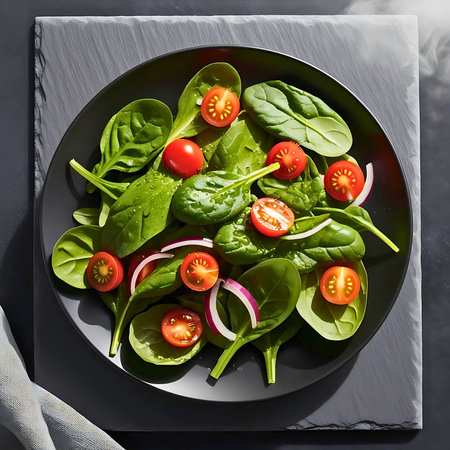 Fresh spinach leaves topped with halved cherry tomatoes and red onion slices, served on a black plate with water droplets, captured in bright natural lighting.の素材