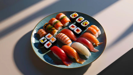 Assorted sushi platter artfully arranged on a blue ceramic plate, featuring nigiri, maki, and sashimi with vibrant colors and textures, captured in natural light with dramatic shadows.の素材